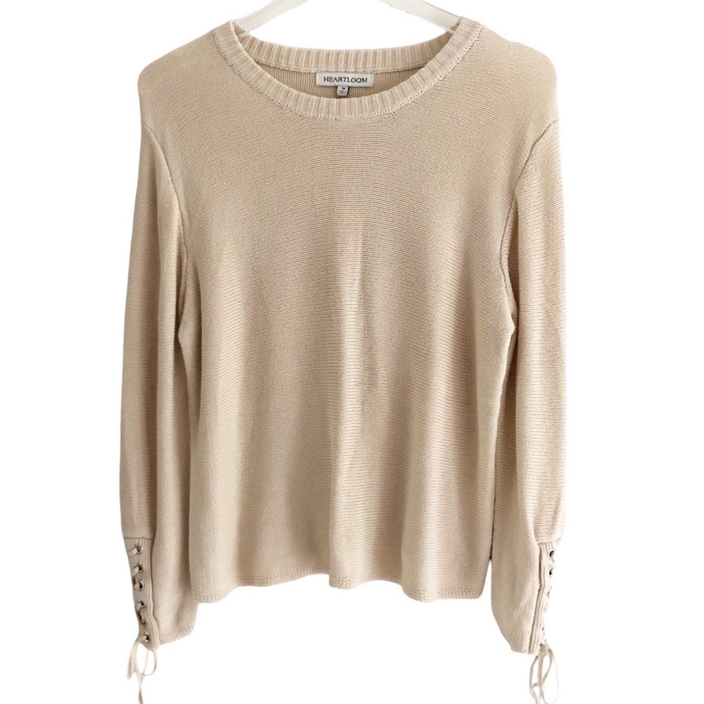 Heartloom Knit Neutral Beige Sweater Long Sleeve With Lace Up Cuffs Medium